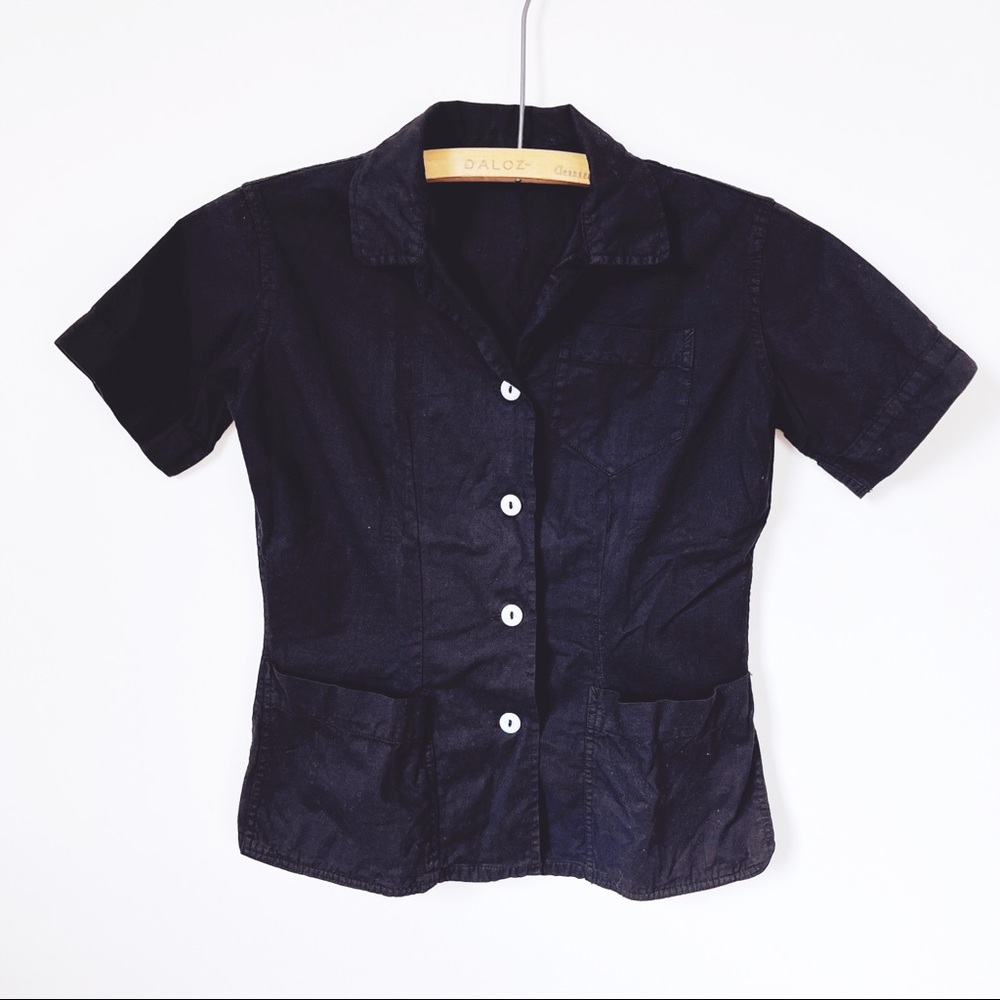 Vintage Women’s Cotton Black Short Sleeve Button Down Top